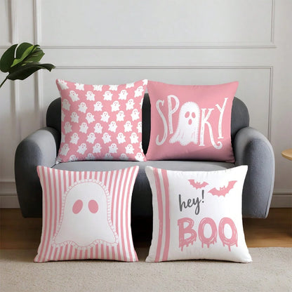 4pcs Halloween Cartoon Pink Ghost Pillow Covers, Single-Sided Print Skin-Friendly Peach Skin Velvet Material, 45*45CM Cushion Covers Suitable For Home Bedroom Living Room Room Party Holiday Decoration