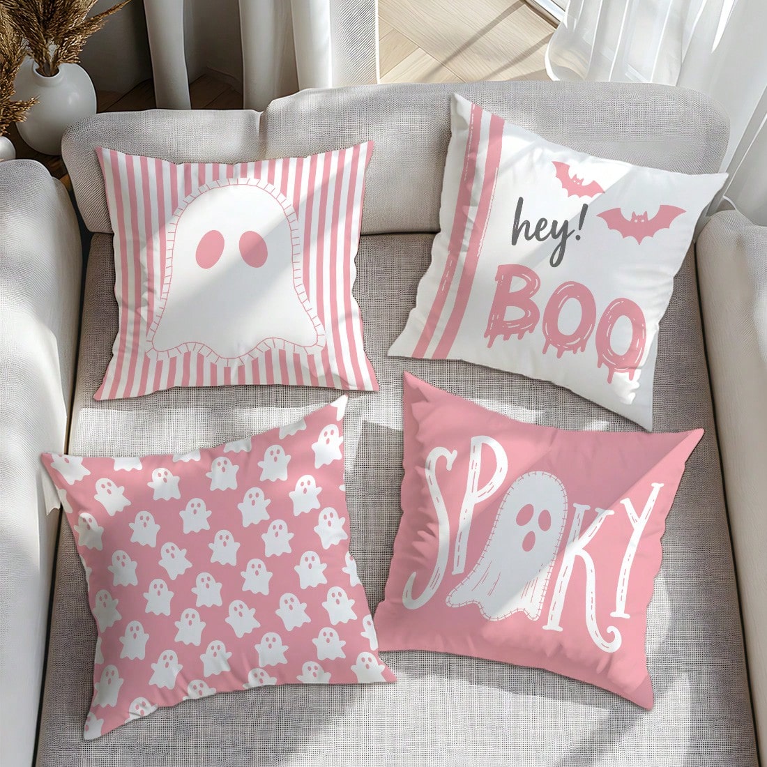 4pcs Halloween Cartoon Pink Ghost Pillow Covers, Single-Sided Print Skin-Friendly Peach Skin Velvet Material, 45*45CM Cushion Covers Suitable For Home Bedroom Living Room Room Party Holiday Decoration