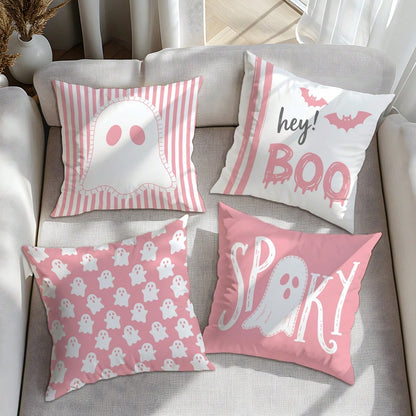 4pcs Halloween Cartoon Pink Ghost Pillow Covers, Single-Sided Print Skin-Friendly Peach Skin Velvet Material, 45*45CM Cushion Covers Suitable For Home Bedroom Living Room Room Party Holiday Decoration