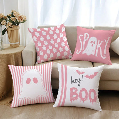 4pcs Halloween Cartoon Pink Ghost Pillow Covers, Single-Sided Print Skin-Friendly Peach Skin Velvet Material, 45*45CM Cushion Covers Suitable For Home Bedroom Living Room Room Party Holiday Decoration