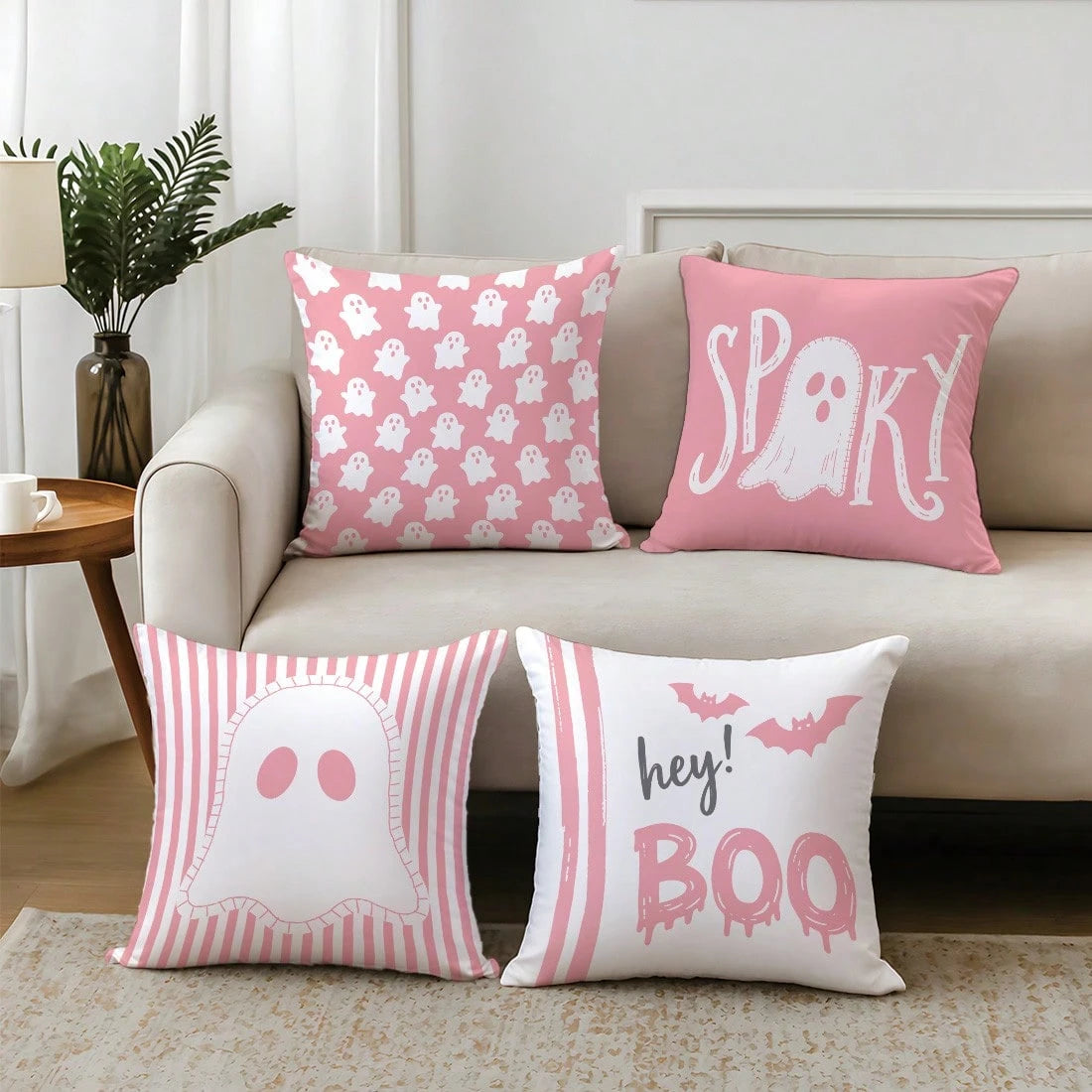 4pcs Halloween Cartoon Pink Ghost Pillow Covers, Single-Sided Print Skin-Friendly Peach Skin Velvet Material, 45*45CM Cushion Covers Suitable For Home Bedroom Living Room Room Party Holiday Decoration