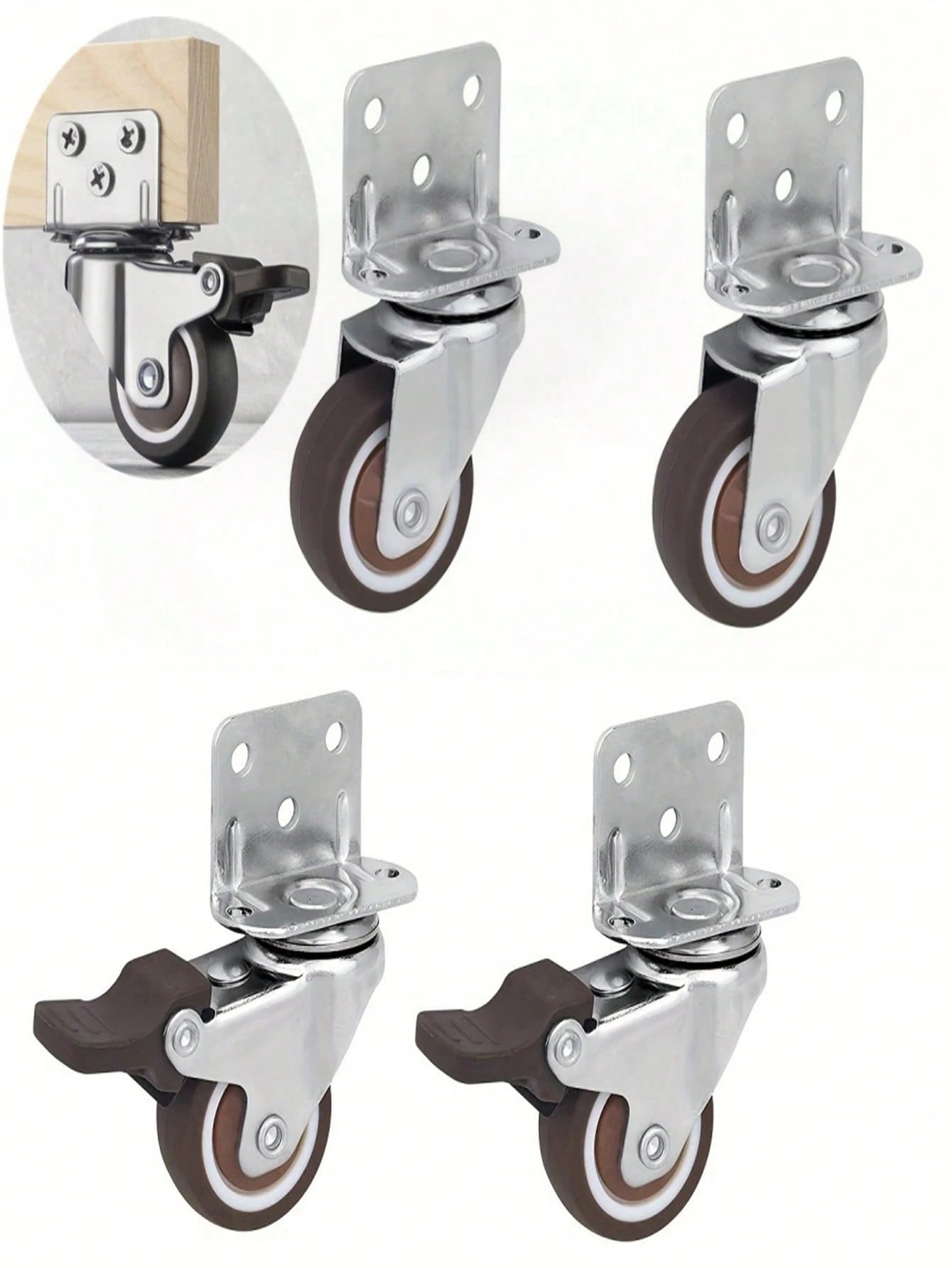 4pcs L-Shaped Universal Universal Wheel 1.25 Inch Flower Stand Table Mobile Wheel Roller Wheel Mute Caster Crib Ply Pulley(2 With Brakes + 2 Without Brakes)