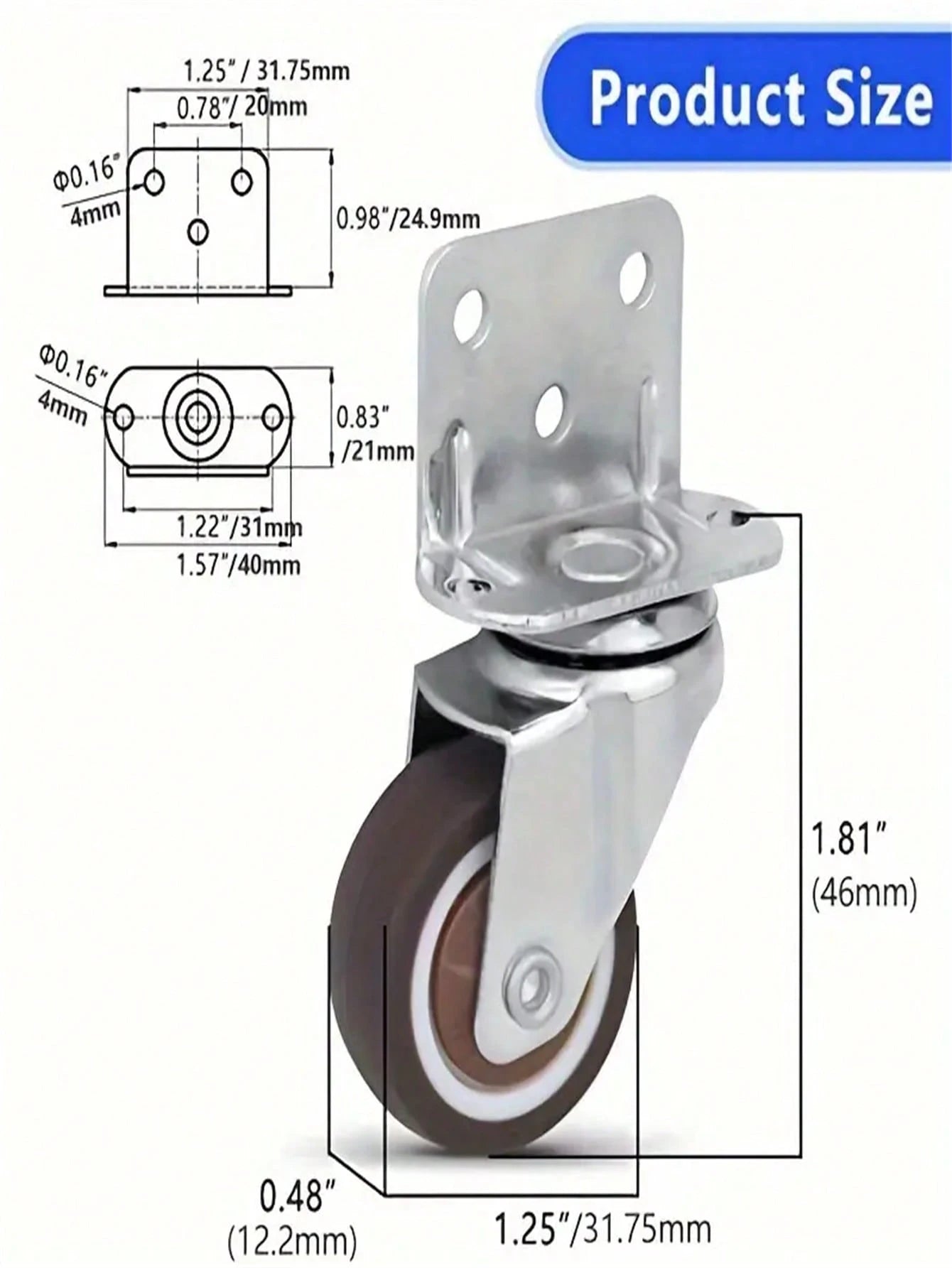 4pcs L-Shaped Universal Universal Wheel 1.25 Inch Flower Stand Table Mobile Wheel Roller Wheel Mute Caster Crib Ply Pulley(2 With Brakes + 2 Without Brakes)