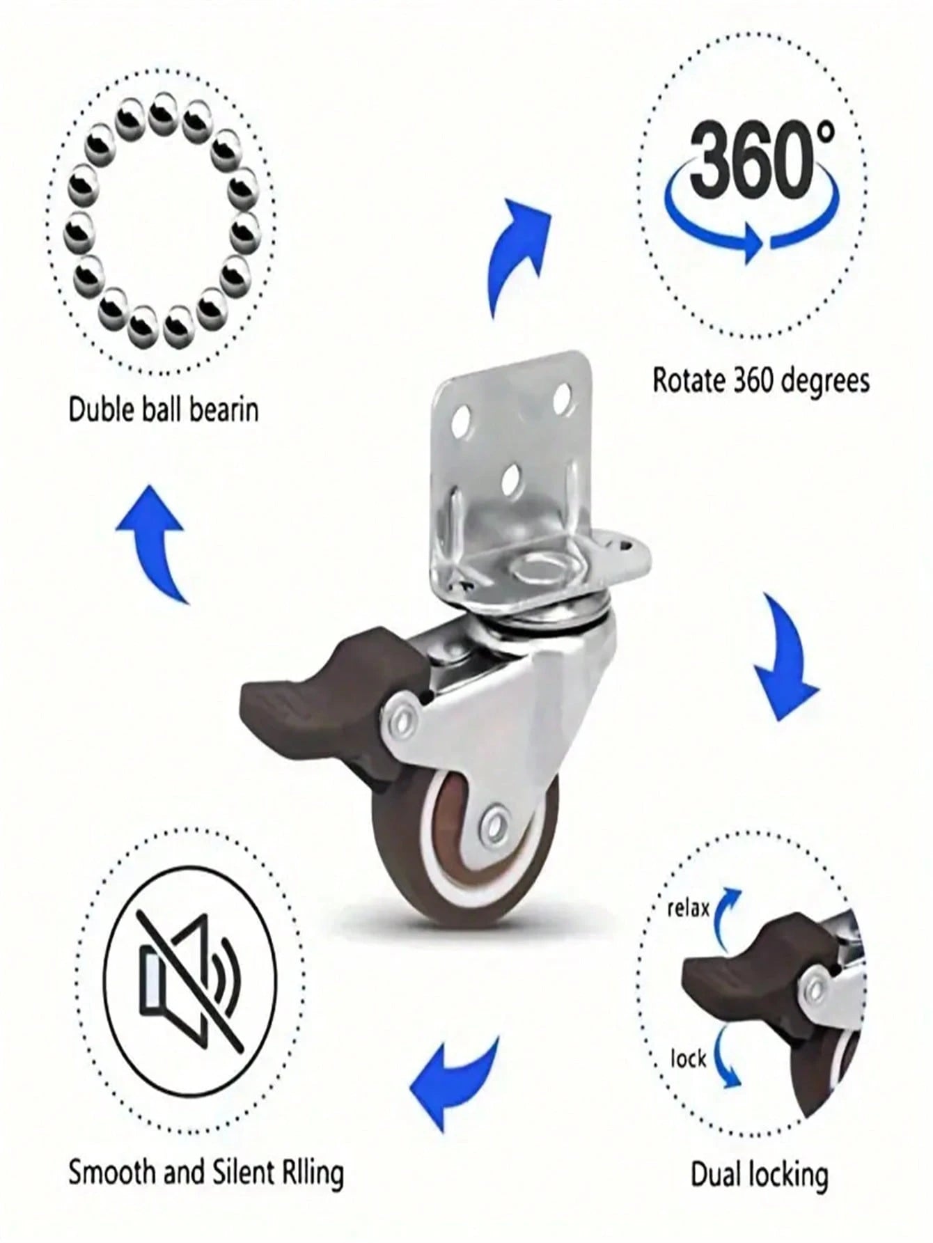 4pcs L-Shaped Universal Universal Wheel 1.25 Inch Flower Stand Table Mobile Wheel Roller Wheel Mute Caster Crib Ply Pulley(2 With Brakes + 2 Without Brakes)