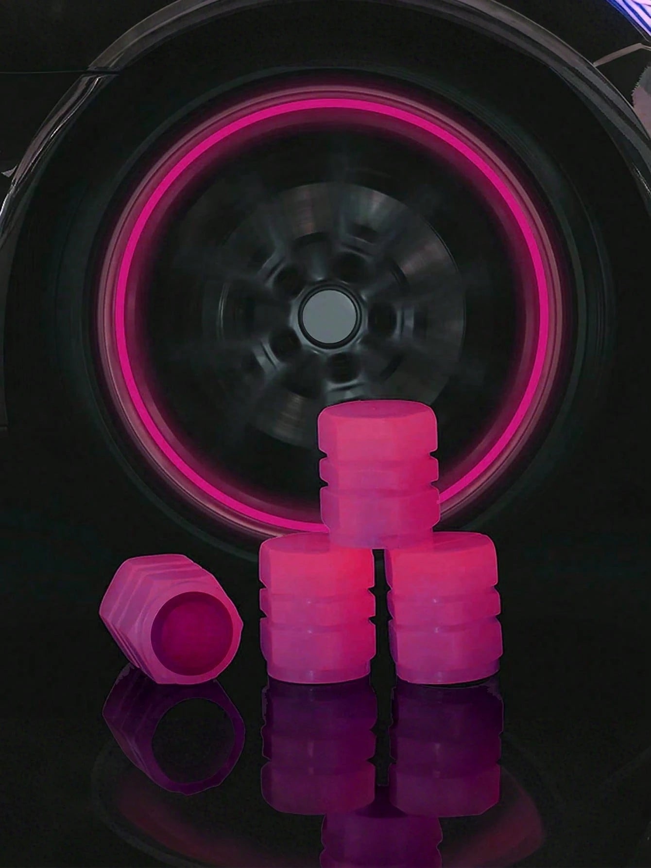 4pcs Neon Glow Tire Valve Caps- Hexagon Glow Tire Valve Caps, Glow Tire Valve Stem Caps For Motorcycle, Bike, Car, Durable ABS Plastic, Fit All Rim Sizes, Fashionable Vehicle, Bicycle, Motorcycle Acc