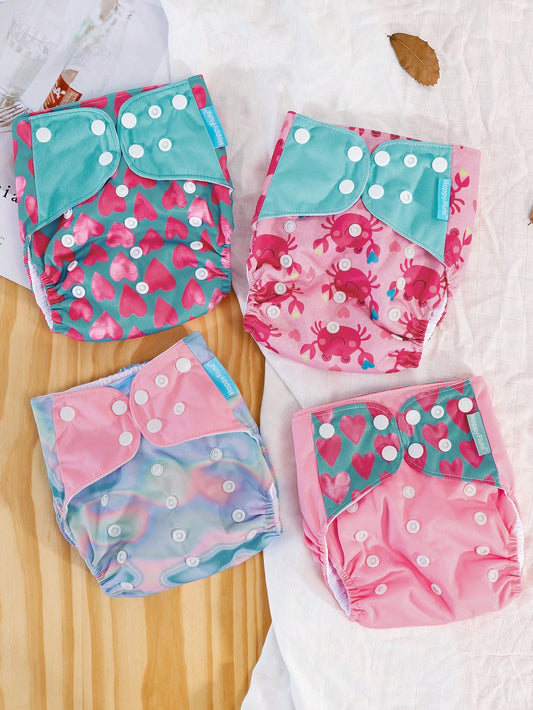 4pcs Reusable Cloth Diapers, Quick-Dry Fleece Lining, One Size Adjustable Washable Pocket Diaper Covers, Suitable For Baby Boys And Girls