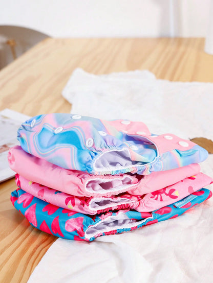 4pcs Reusable Cloth Diapers, Quick-Dry Fleece Lining, One Size Adjustable Washable Pocket Diaper Covers, Suitable For Baby Boys And Girls
