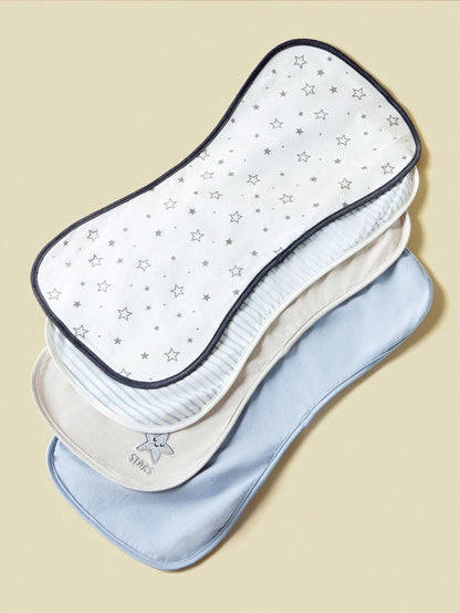 4pcs/Set Grey-Blue Series Baby Burp Cloths & Multi-Purpose Wipes, Boy Design With Star & Stripe Pattern
