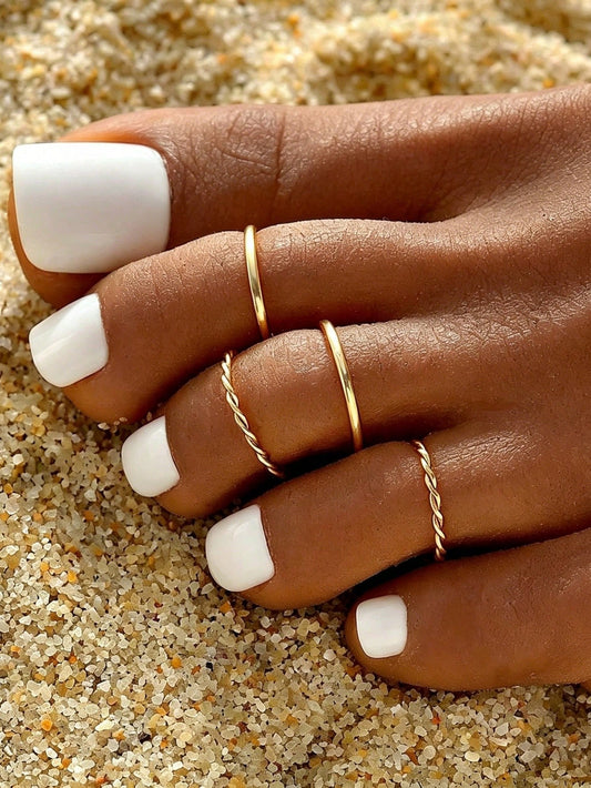 4pcs/Set Light Luxury Gold Non-Fading Hypoallergenic Adjustable Versatile Plain & Twisted Toe Rings, Beach Vacation INS Style Toe Jewelry