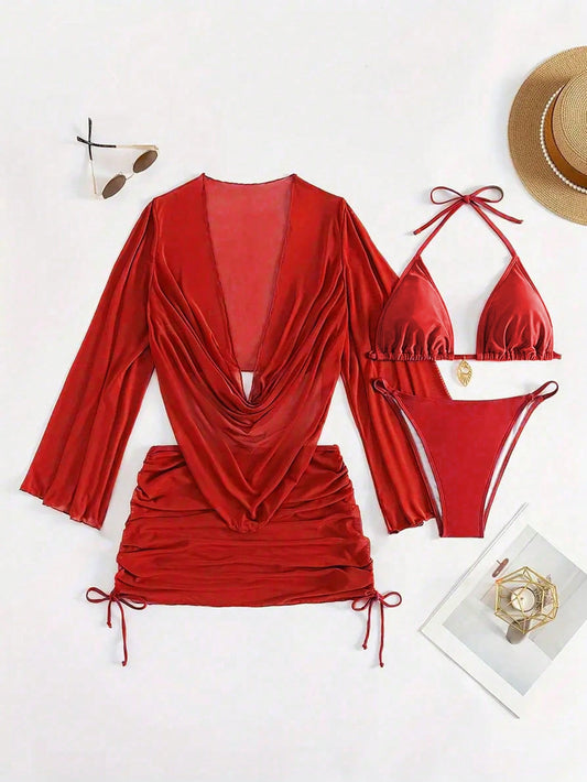 4pcs Sexy Solid Color Bikini Set With Sheer Cover-Up, Suitable For Vacation, Beach Party, Perfect For New Year And Valentine's Day, Elegant And Stylish. Red Dress, Red Top, Women's Summer