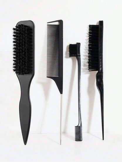 4pcs Smooth Back Comb Set, Suitable For Creating Smooth Ponytail Bun, Smoothing Frizz, Controlling Hairline, Backcombing And Volumizing Styling. Wide-Tooth Comb Head Convenient For Sectioning And Part