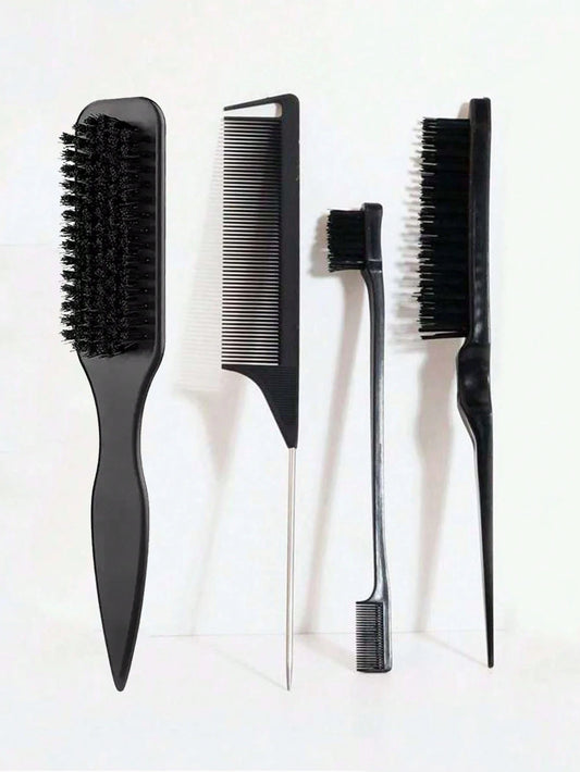 4pcs Smooth Back Comb Set, Suitable For Creating Smooth Ponytail Bun, Smoothing Frizz, Controlling Hairline, Backcombing And Volumizing Styling. Wide-Tooth Comb Head Convenient For Sectioning And Part