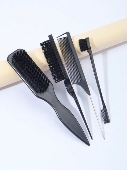 4pcs Smooth Back Comb Set, Suitable For Creating Smooth Ponytail Bun, Smoothing Frizz, Controlling Hairline, Backcombing And Volumizing Styling. Wide-Tooth Comb Head Convenient For Sectioning And Part