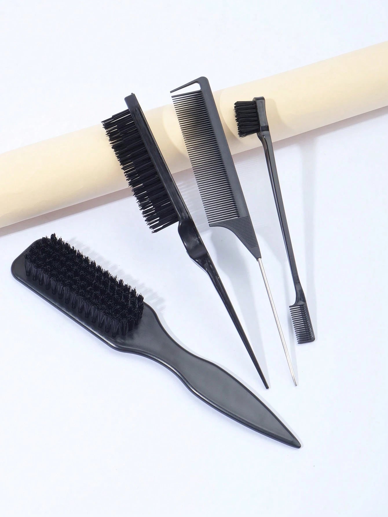 4pcs Smooth Back Comb Set, Suitable For Creating Smooth Ponytail Bun, Smoothing Frizz, Controlling Hairline, Backcombing And Volumizing Styling. Wide-Tooth Comb Head Convenient For Sectioning And Part