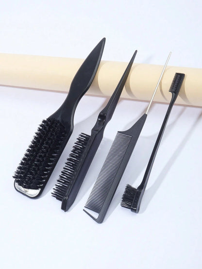 4pcs Smooth Back Comb Set, Suitable For Creating Smooth Ponytail Bun, Smoothing Frizz, Controlling Hairline, Backcombing And Volumizing Styling. Wide-Tooth Comb Head Convenient For Sectioning And Part