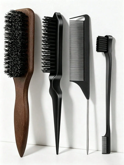 4pcs Smooth Back Comb Set, Suitable For Creating Smooth Ponytail Bun, Smoothing Frizz, Controlling Hairline, Backcombing And Volumizing Styling. Wide-Tooth Comb Head Convenient For Sectioning And Part