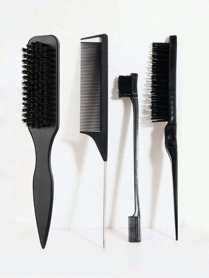 4pcs Smooth Back Comb Set, Suitable For Creating Smooth Ponytail Bun, Smoothing Frizz, Controlling Hairline, Backcombing And Volumizing Styling. Wide-Tooth Comb Head Convenient For Sectioning And Part