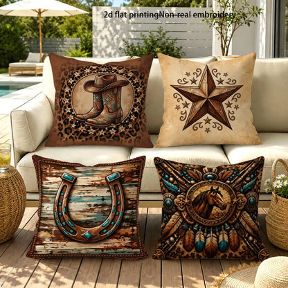 4pcs Vintage Western Cowboy Theme Printed Pillow Covers, Cowboy Boots, Horseshoe, Star, Horse Totem, Distressed Wood Grain Patterns, Single-Sided Printed Peach Velvet Fabric, Suitable For Modern Uphol