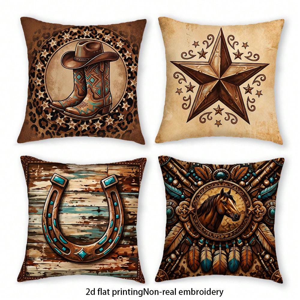 4pcs Vintage Western Cowboy Theme Printed Pillow Covers, Cowboy Boots, Horseshoe, Star, Horse Totem, Distressed Wood Grain Patterns, Single-Sided Printed Peach Velvet Fabric, Suitable For Modern Uphol