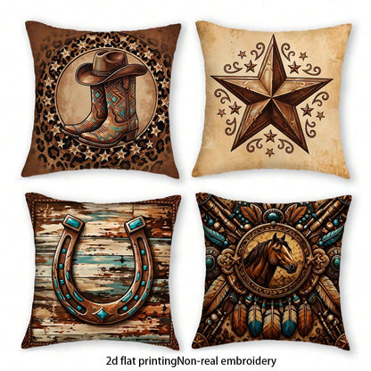 4pcs Vintage Western Cowboy Theme Printed Pillow Covers, Cowboy Boots, Horseshoe, Star, Horse Totem, Distressed Wood Grain Patterns, Single-Sided Printed Peach Velvet Fabric, Suitable For Modern Uphol