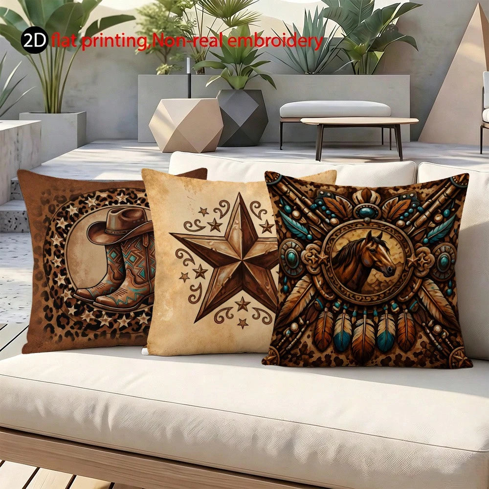 4pcs Vintage Western Cowboy Theme Printed Pillow Covers, Cowboy Boots, Horseshoe, Star, Horse Totem, Distressed Wood Grain Patterns, Single-Sided Printed Peach Velvet Fabric, Suitable For Modern Uphol