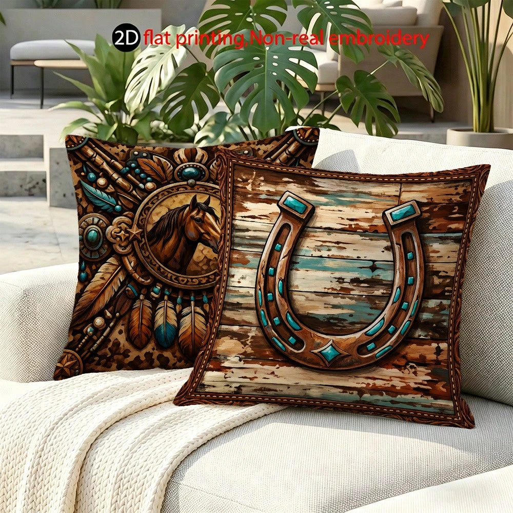4pcs Vintage Western Cowboy Theme Printed Pillow Covers, Cowboy Boots, Horseshoe, Star, Horse Totem, Distressed Wood Grain Patterns, Single-Sided Printed Peach Velvet Fabric, Suitable For Modern Uphol