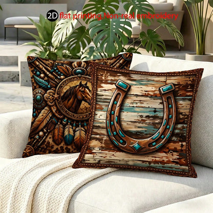 4pcs Vintage Western Cowboy Theme Printed Pillow Covers, Cowboy Boots, Horseshoe, Star, Horse Totem, Distressed Wood Grain Patterns, Single-Sided Printed Peach Velvet Fabric, Suitable For Modern Uphol