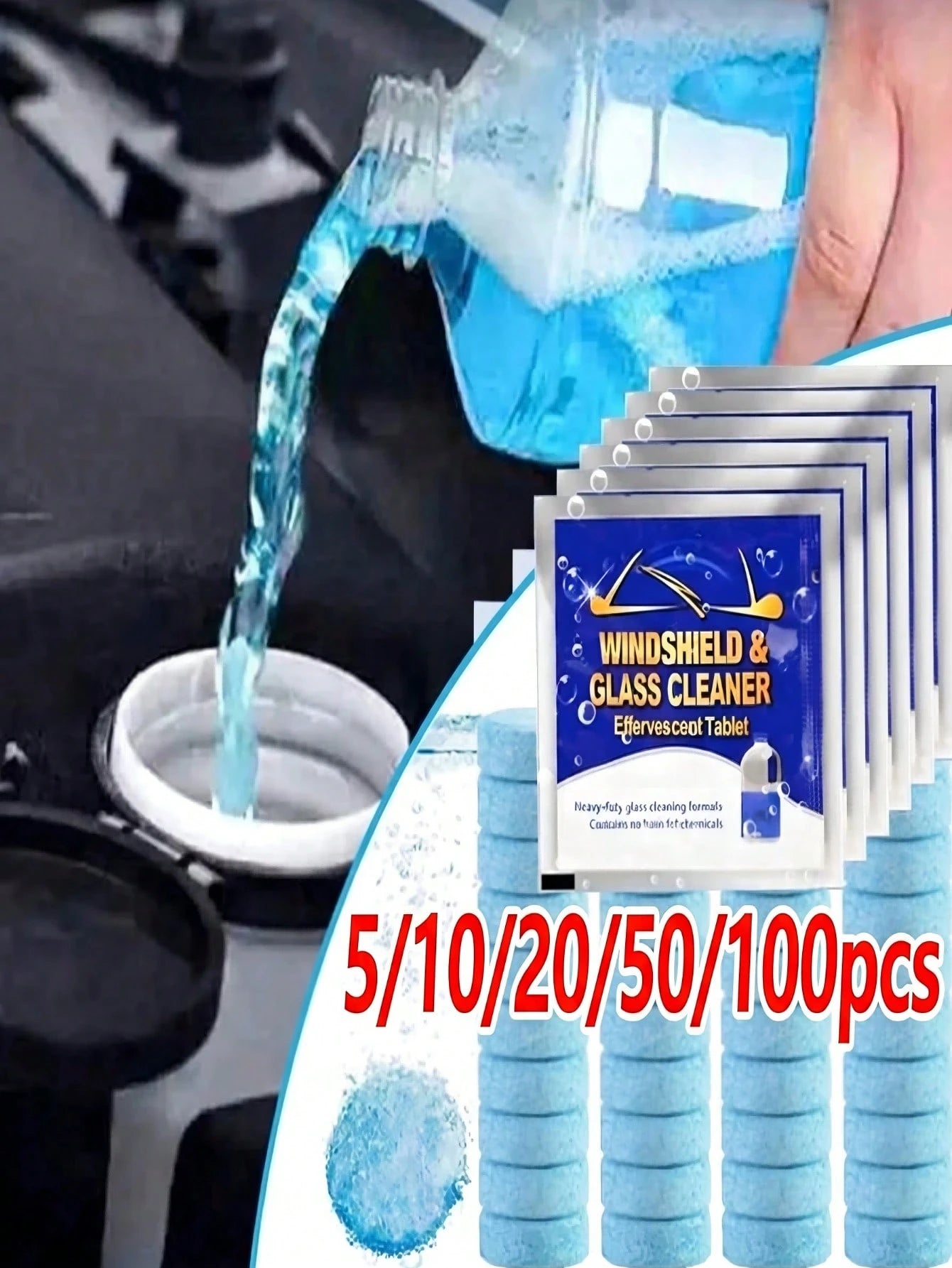 5/10/20/50/100pcs All-Season Windshield Cleaning Tablets Concentrated Effervescent Degreaser For Oil Film & Streak-Free Glass| Quick-Dissolving Washer Fluid Booster With Ice Prevention (-30°C), Compa