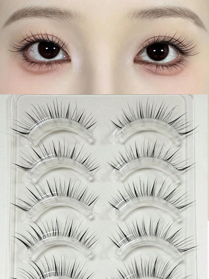 5 Pairs Clear Diagonal Winged False Eyelashes, Wet Tip Natural Realistic Uplifted One-Piece Cartoon Fox-Style Elongated Eye Tail Japanese-Style Clustered Lashes