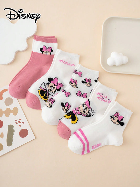 5 Pairs Cute Cartoon Multi-Color Jacquard Disney Series Striped Letter Bow Pattern Kids Mid-Calf Socks