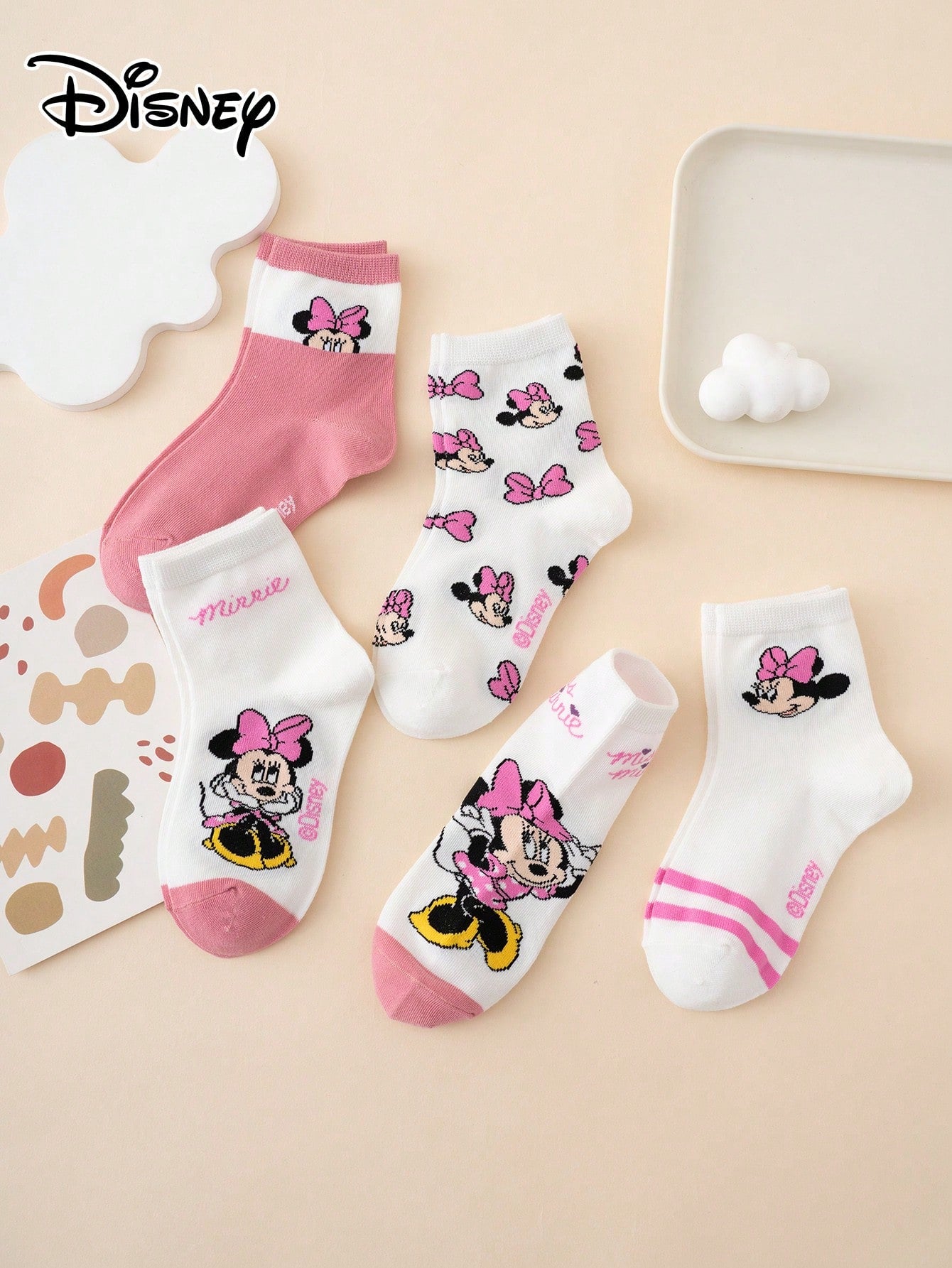 5 Pairs Cute Cartoon Multi-Color Jacquard Disney Series Striped Letter Bow Pattern Kids Mid-Calf Socks