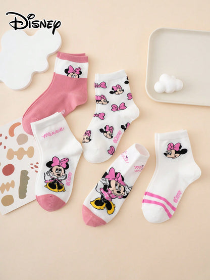 5 Pairs Cute Cartoon Multi-Color Jacquard Disney Series Striped Letter Bow Pattern Kids Mid-Calf Socks