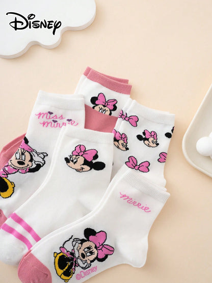 5 Pairs Cute Cartoon Multi-Color Jacquard Disney Series Striped Letter Bow Pattern Kids Mid-Calf Socks