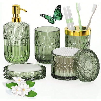 5-Piece Green Diamond-Cut Glass Bathroom Accessories Set, Rust-Proof Toothbrush Holder & Soap Dispenser, Tumbler & Cotton Jar, Modern Crystal Bathroom Decor- Back To School Gift For Dorm, Housewarmin