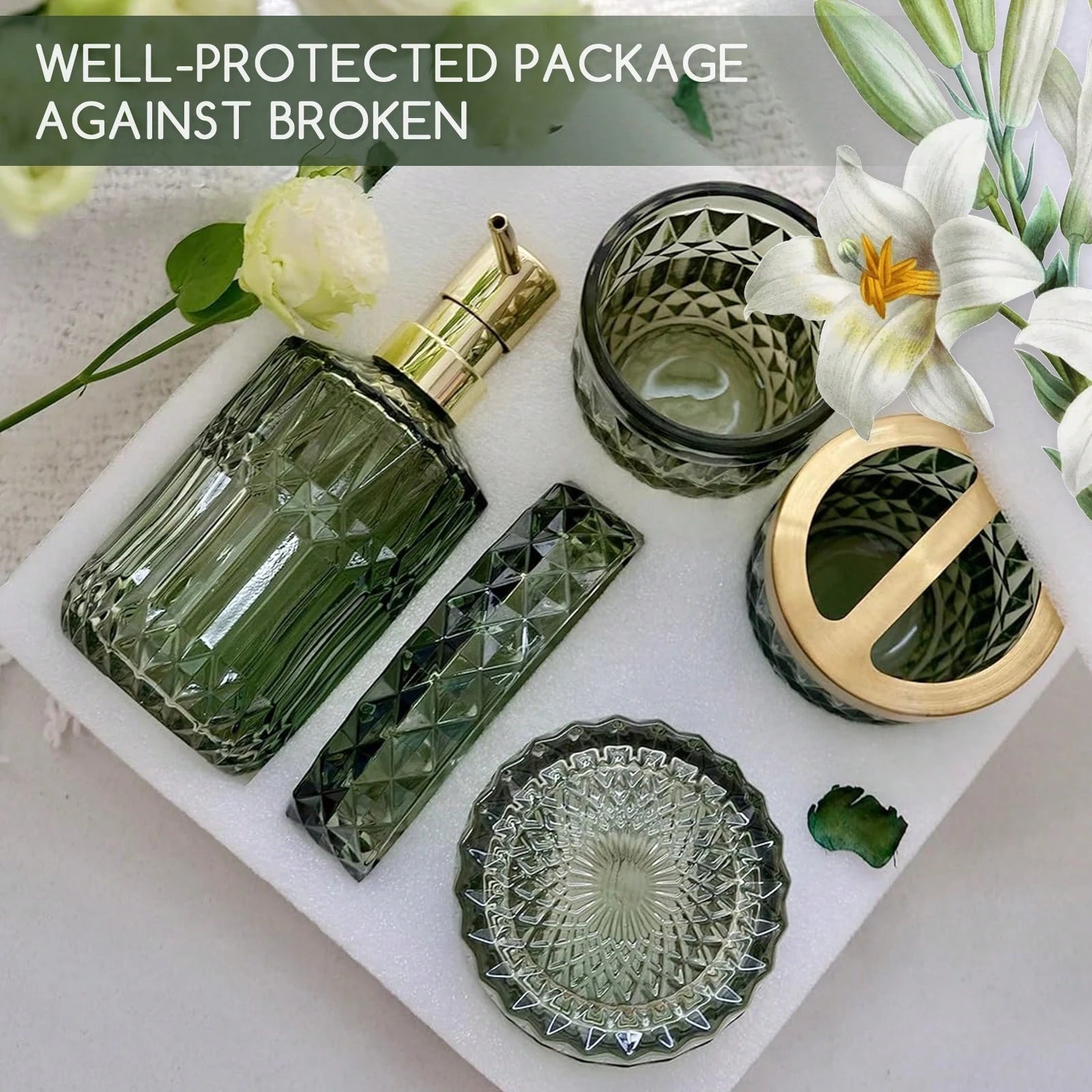 5-Piece Green Diamond-Cut Glass Bathroom Accessories Set, Rust-Proof Toothbrush Holder & Soap Dispenser, Tumbler & Cotton Jar, Modern Crystal Bathroom Decor- Back To School Gift For Dorm, Housewarmin