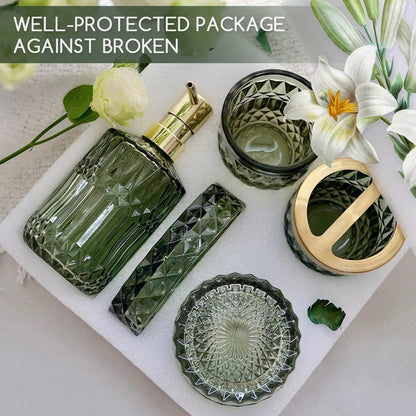 5-Piece Green Diamond-Cut Glass Bathroom Accessories Set, Rust-Proof Toothbrush Holder & Soap Dispenser, Tumbler & Cotton Jar, Modern Crystal Bathroom Decor- Back To School Gift For Dorm, Housewarmin