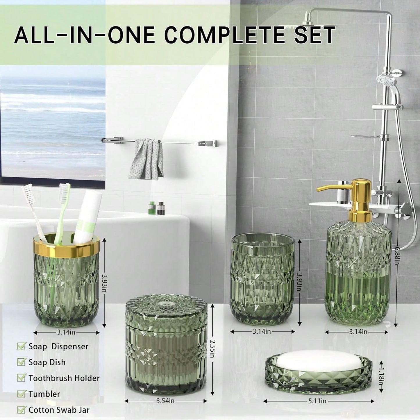 5-Piece Green Diamond-Cut Glass Bathroom Accessories Set, Rust-Proof Toothbrush Holder & Soap Dispenser, Tumbler & Cotton Jar, Modern Crystal Bathroom Decor- Back To School Gift For Dorm, Housewarmin