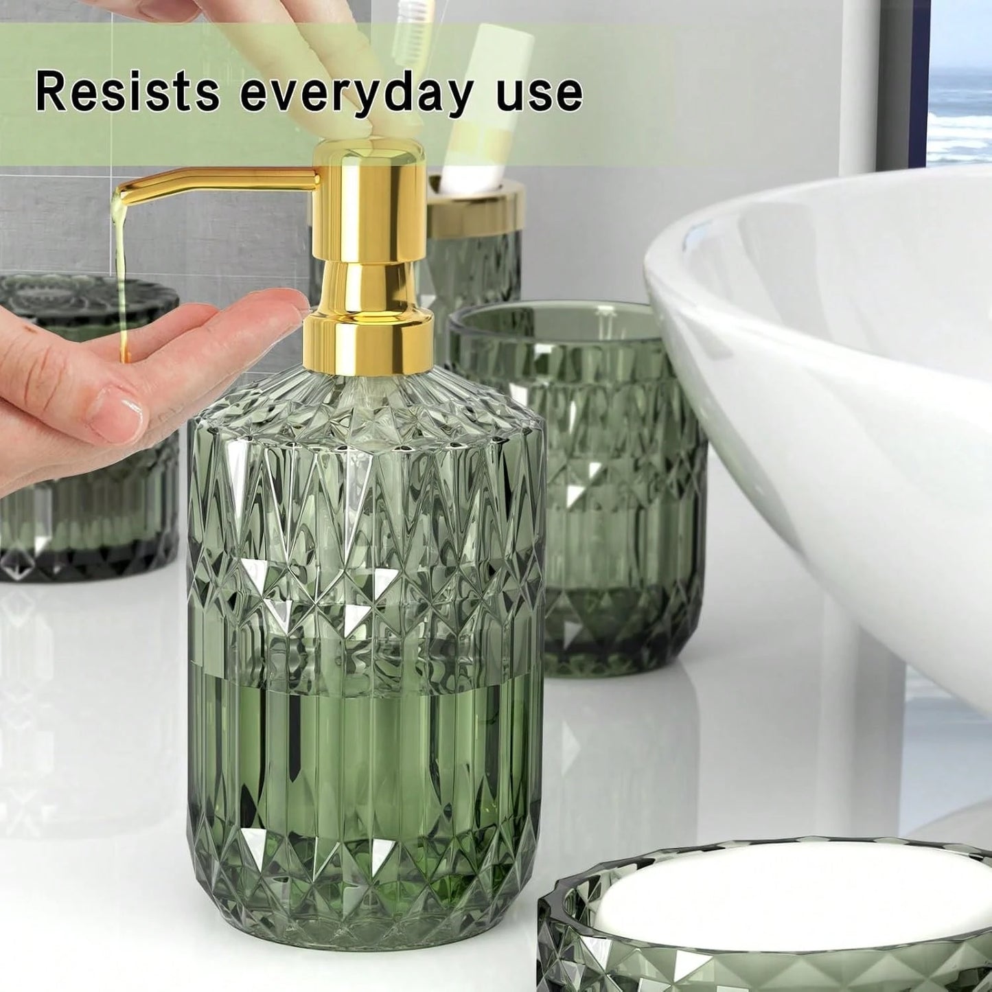5-Piece Green Diamond-Cut Glass Bathroom Accessories Set, Rust-Proof Toothbrush Holder & Soap Dispenser, Tumbler & Cotton Jar, Modern Crystal Bathroom Decor- Back To School Gift For Dorm, Housewarmin