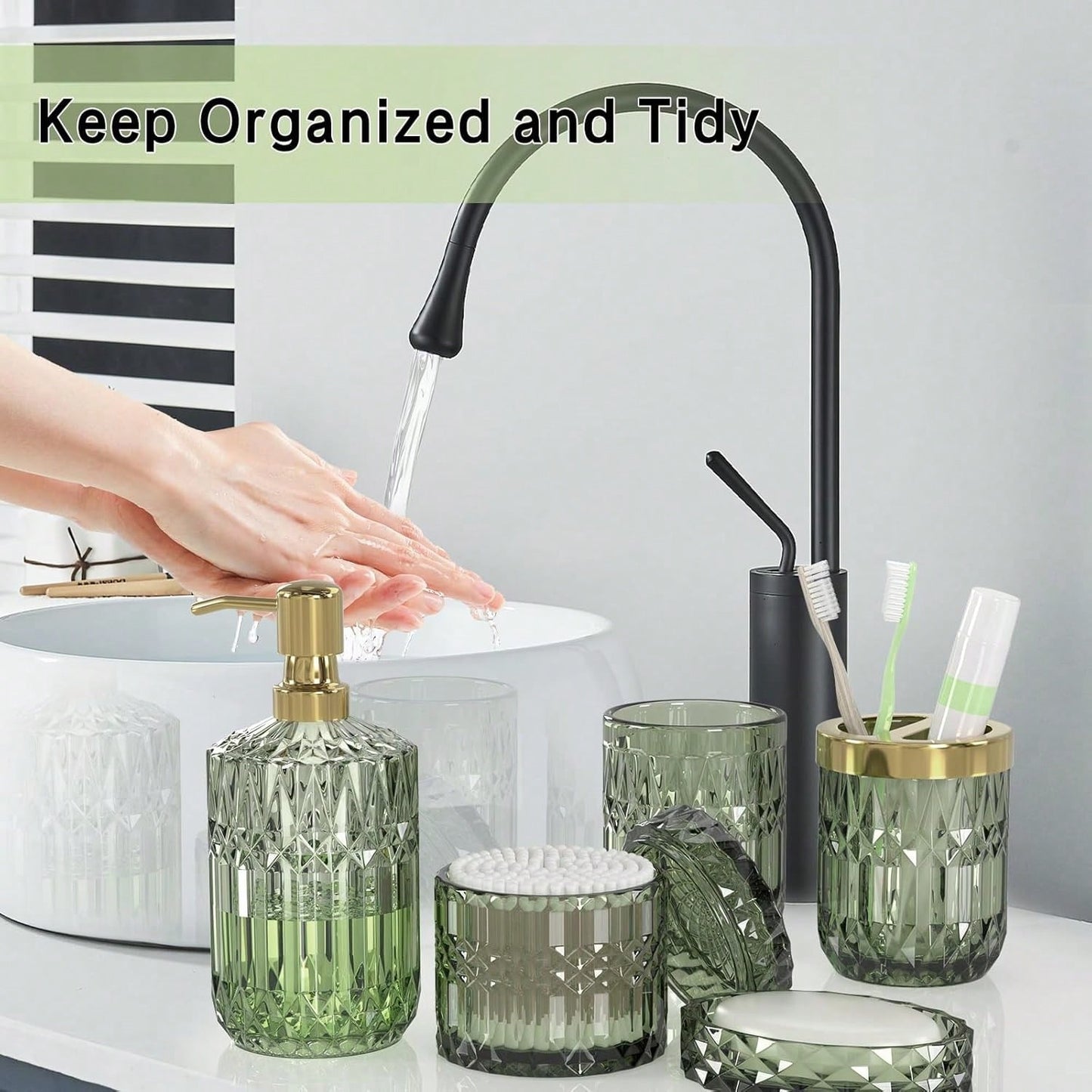5-Piece Green Diamond-Cut Glass Bathroom Accessories Set, Rust-Proof Toothbrush Holder & Soap Dispenser, Tumbler & Cotton Jar, Modern Crystal Bathroom Decor- Back To School Gift For Dorm, Housewarmin