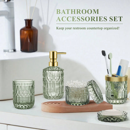 5-Piece Green Diamond-Cut Glass Bathroom Accessories Set, Rust-Proof Toothbrush Holder & Soap Dispenser, Tumbler & Cotton Jar, Modern Crystal Bathroom Decor- Back To School Gift For Dorm, Housewarmin