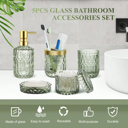 5-Piece Green Diamond-Cut Glass Bathroom Accessories Set, Rust-Proof Toothbrush Holder & Soap Dispenser, Tumbler & Cotton Jar, Modern Crystal Bathroom Decor- Back To School Gift For Dorm, Housewarmin