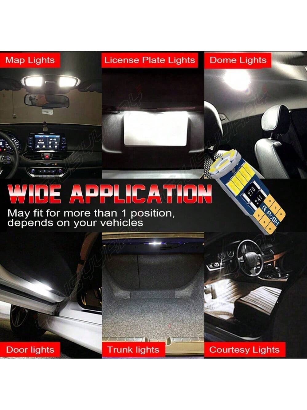 5 X 6000k White T10 168 194 2825 W5W LED Bulbs For Interior License Plate Light
