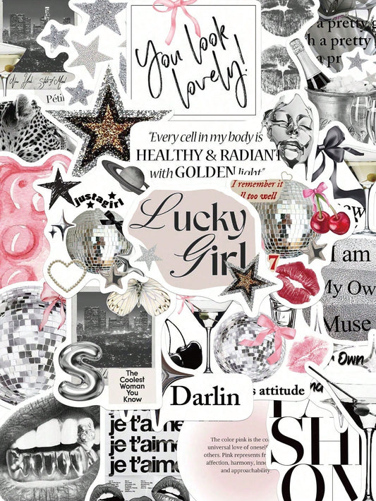50/100pcs Silver Lucky Girl Stickers, Waterproof Cartoon Gift Decorative Stickers, Suitable For Scrapbooks, Notebooks, Laptops, Suitcases, Guitars, Water Bottles, Phone Cases, DIY School Supplies