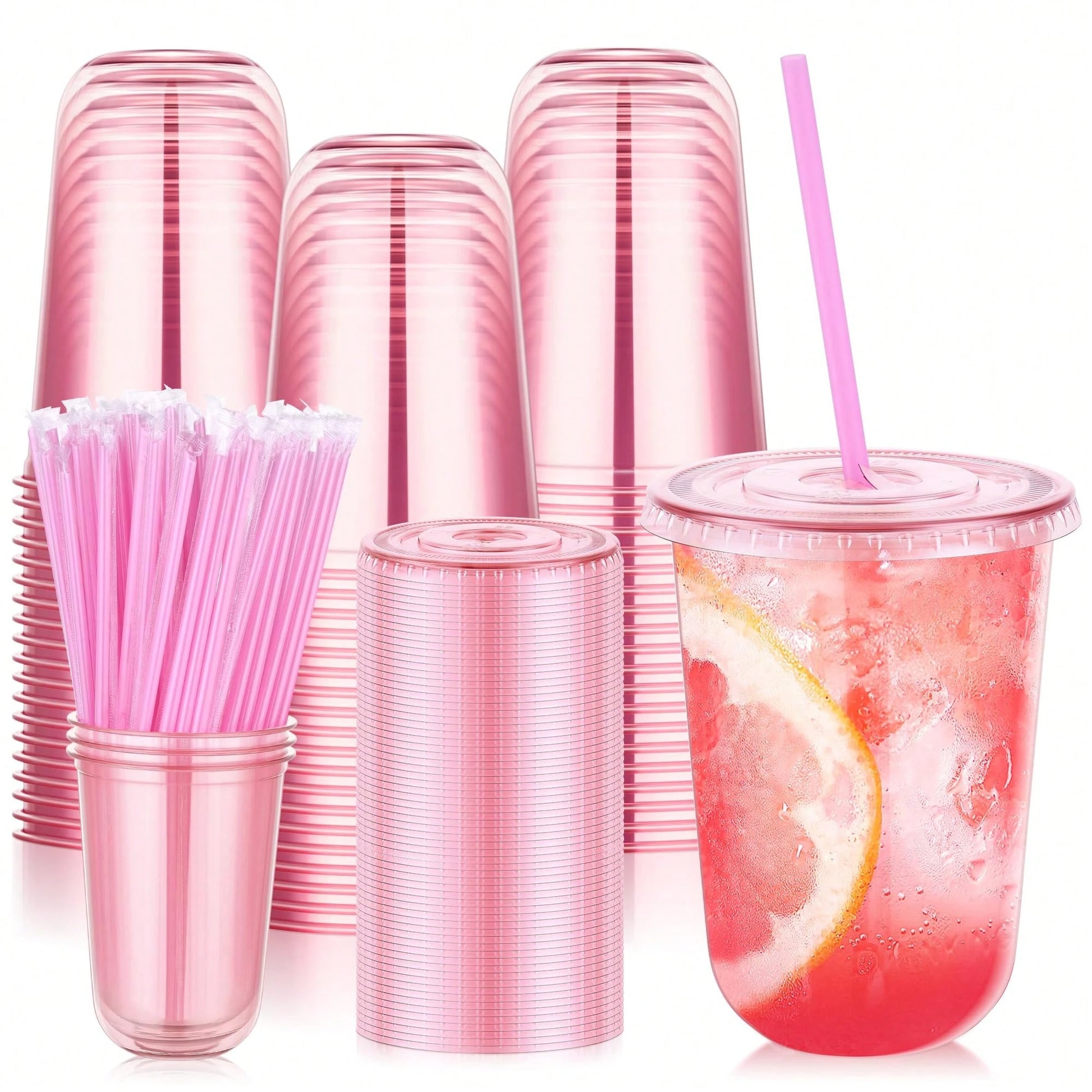 50 Pcs 16 Oz Black Party Cups With Lids & Straws, Disposable Iced Coffee Cup With Lids, Round Bottom Drinking Cups For Cocktail Cold Beverages Birthday Wedding Picnics Party Supplies