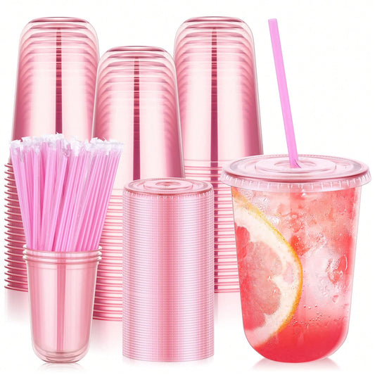 50 Pcs 16 Oz Black Party Cups With Lids & Straws, Disposable Iced Coffee Cup With Lids, Round Bottom Drinking Cups For Cocktail Cold Beverages Birthday Wedding Picnics Party Supplies