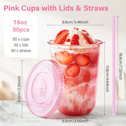 50 Pcs 16 Oz Black Party Cups With Lids & Straws, Disposable Iced Coffee Cup With Lids, Round Bottom Drinking Cups For Cocktail Cold Beverages Birthday Wedding Picnics Party Supplies