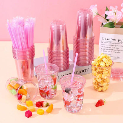 50 Pcs 16 Oz Black Party Cups With Lids & Straws, Disposable Iced Coffee Cup With Lids, Round Bottom Drinking Cups For Cocktail Cold Beverages Birthday Wedding Picnics Party Supplies