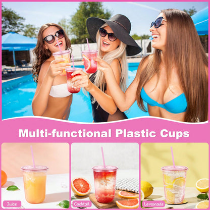 50 Pcs 16 Oz Black Party Cups With Lids & Straws, Disposable Iced Coffee Cup With Lids, Round Bottom Drinking Cups For Cocktail Cold Beverages Birthday Wedding Picnics Party Supplies
