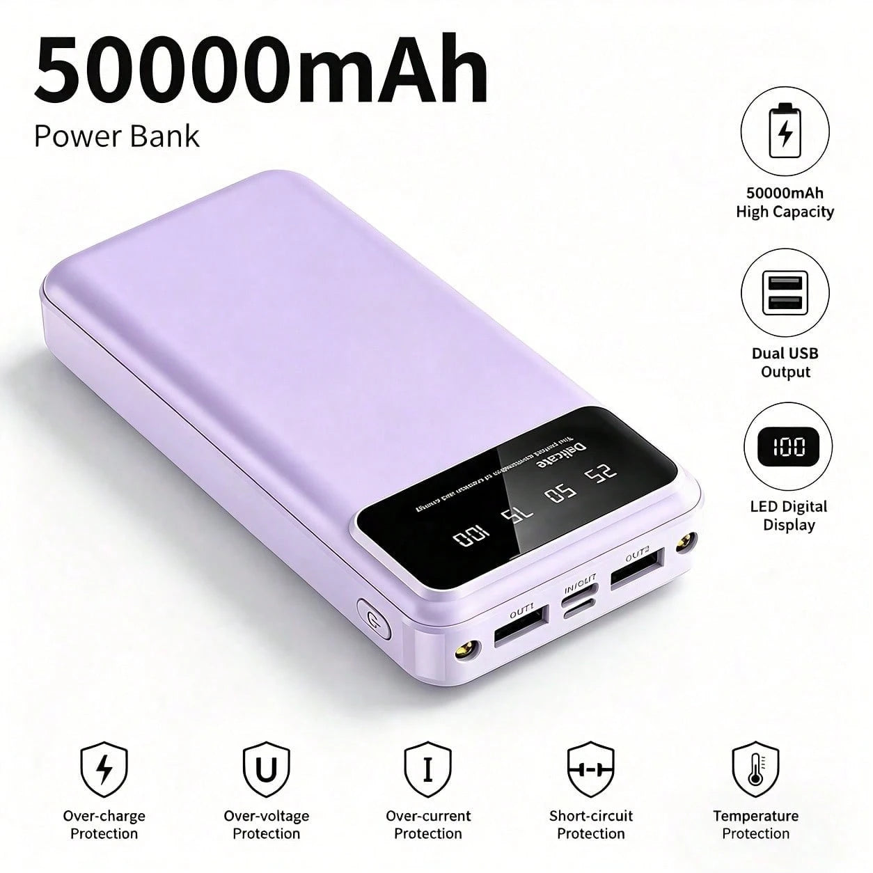 50000mAh Large-Capacity Power Bank Portable Charger, 20W Fast Charge Suitable For Charging All Mobile Phones.With LED Power Display/With Dual Flashlight For Outdoor Travel Emergency Power Supply Devic