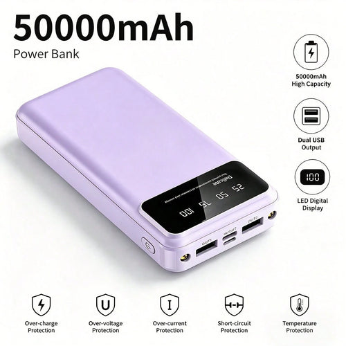 50000mAh Large-Capacity Power Bank Portable Charger, 20W Fast Charge Suitable For Charging All Mobile Phones.With LED Power Display/With Dual Flashlight For Outdoor Travel Emergency Power Supply Devic